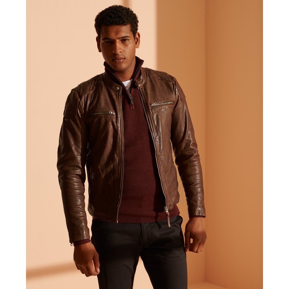 Superdry Moto Racer Leather Jacket Mens M Mocha Brown Cafe Racer Biker MSRP $380
